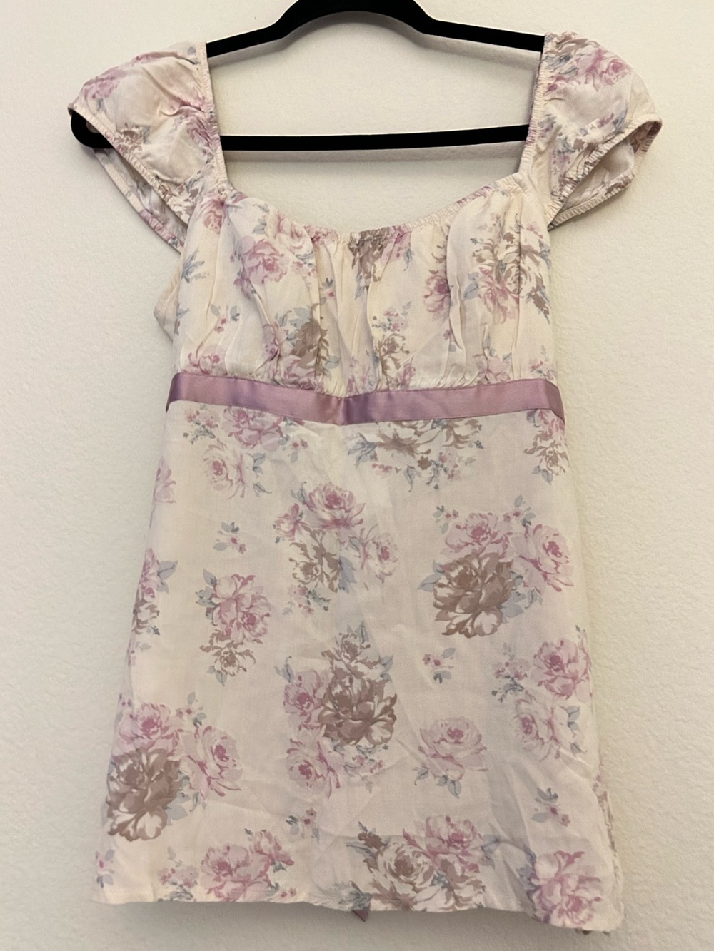 Hollister Cream Floral Dress with Lavender Ribbon
